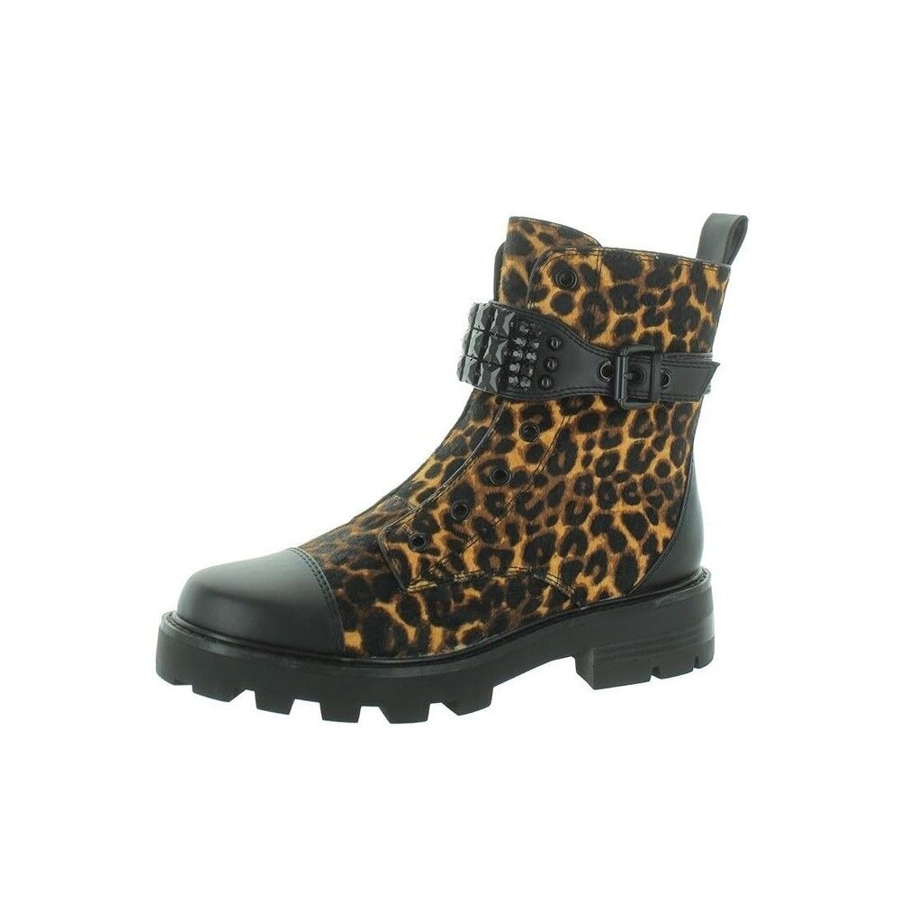 Karl Lagerfeld Womens 6 M Leopard Print Cow Fur Maeva Combat Boots NIB LZ3